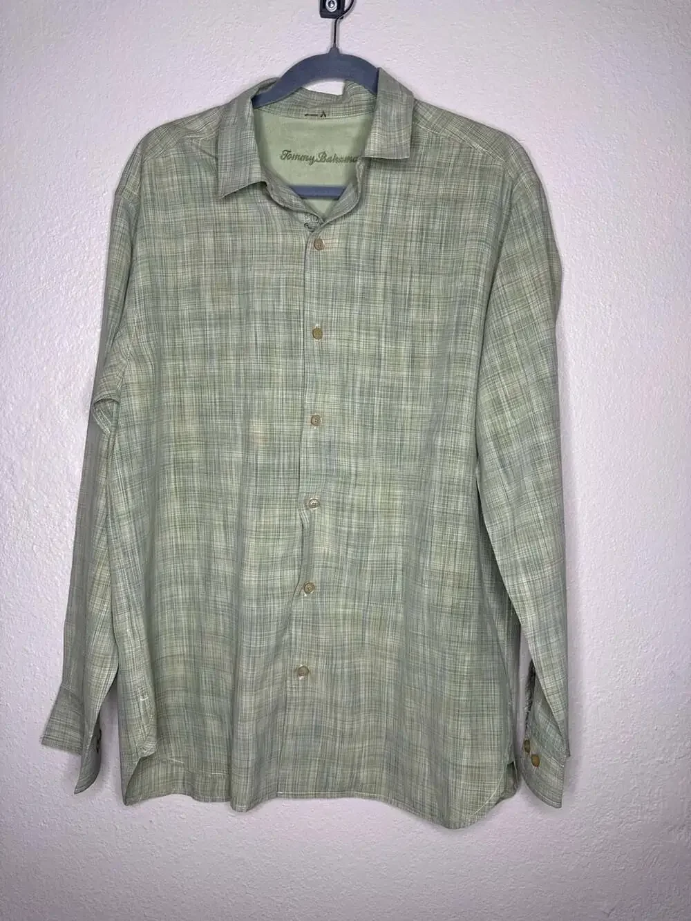 Tommy Bahama Men's Olive Green Plaid Long Sleeve 100% Silk Button